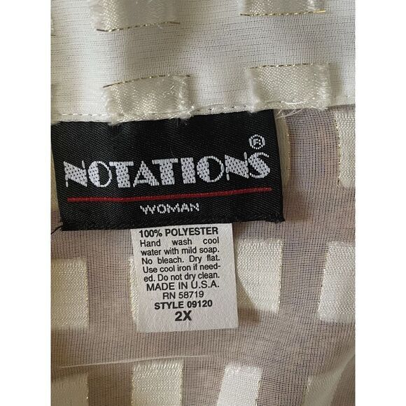 Vintage Notations Sheer Blouse 2X White Gold Geometric Button Down USA - Picture 2 of 6